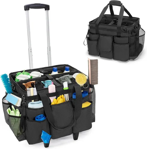 LoDrid Bolsa de limpieza con ruedas con carrito desmontable, carrito de limpieza portátil con ruedas para suministros, organizador profesional con