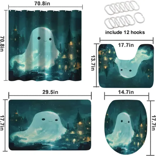 Miniatura 4 de Juego de 4 cortinas de ducha de Halloween con alfombra, cubierta para tapa de inodoro y tapete de baño, diseño de fantasmas de dibujos animados