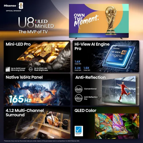 Miniatura 4 de Hisense 55" Clase U8 Mini-LED ULED 4K UHD Smart TV de Google (55U8QG, Modelo 2025) - QLED, 165Hz nativo, VRR 288, hasta LD5600, 5000 Nits, HDR10+