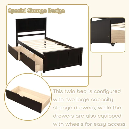 Miniatura 4 de Bellemave Cama individual con cajones, plataforma de madera con cabecero y estribo, cama capitán de madera para niños, niñas, niños, adolescentes