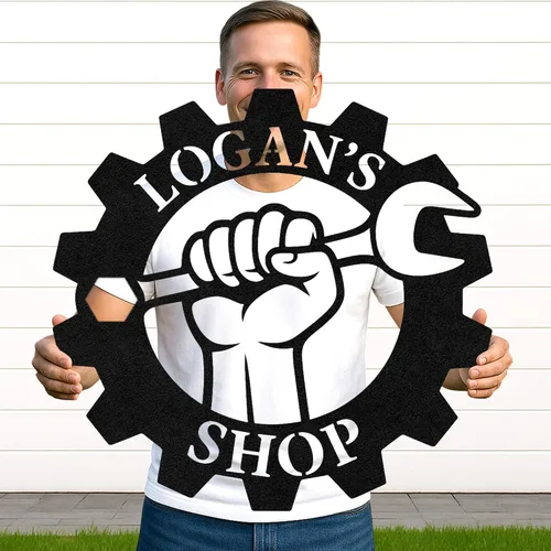 Miniatura 30 de Letrero de metal personalizado para garaje, arte de pared personalizado para hombres, decoración de taller mecánico con nombre, decoración