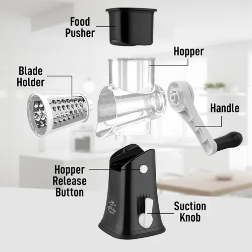 Miniatura 8 de Zulay Kitchen Rallador rotativo de queso de 5 cuchillas, rallador de queso manual de manivela con succión reforzada y 5 tambores intercambiables