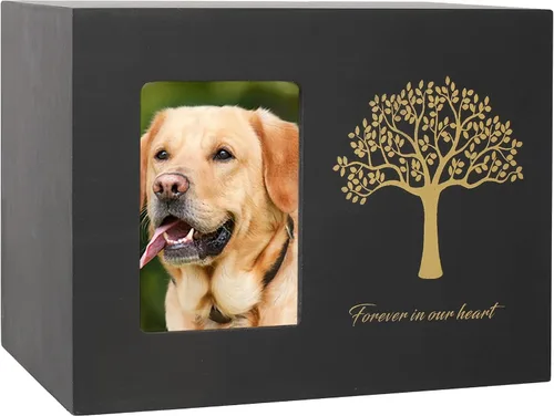 NEWDREAM Urna Mediana Negra para Cenizas con Forever in Our Hearts, con Fotos adecuadas para Perros de Menos de 100 Libras