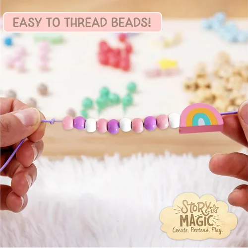 Miniatura 5 de Story Magic Juego de cuentas de flores de madera, más de 300 cuentas de madera de agujero grande y dijes para pulseras de cuentas, kit
