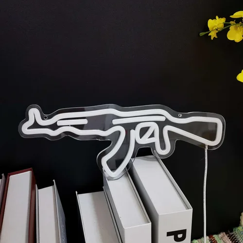 Miniatura 8 de Letrero de neón AK47Gun, arte de pared LED en forma de pistola, luz de neón LED alimentada por USB para decoración de pared en cueva de hombre, sala