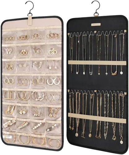 Miniatura 17 de Organizador de joyas colgante BAGSMART con rollo de almacenamiento y ganchos metálicos, soporte doble para aretes, collares, anillos en el armario