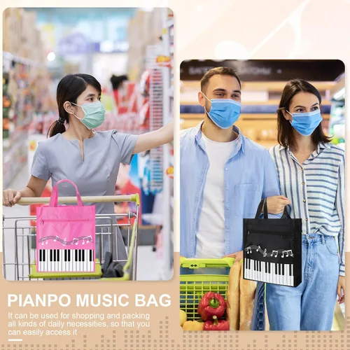 Miniatura 5 de 3 piezas de llavero de piano reutilizable, bolsa de compras de hombro para regalos de profesores de música, Azul,Negro