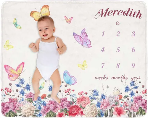 Miniatura 20 de Manta de hito para bebé personalizada con nombre, manta personalizada de flores en forma de mariposa con tabla de crecimiento calendario, manta