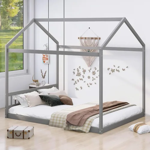 Merax Cama de madera tamaño Queen con cabecero, no necesita somier, gris