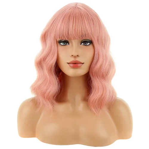 Miniatura 42 de BERON 14 Inches Ash Blonde Wig with Bangs Short Curly Wig Short Ash Blonde Bob Synthetic Wigs for Women Daily Halloween Party or Cosplay Hairnet