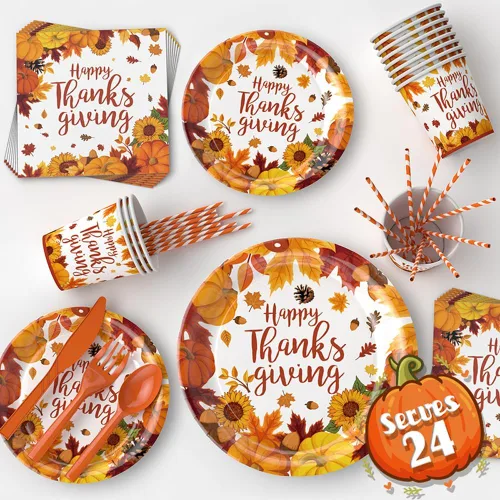 Decoraciones de fiesta de otoño: juego de platos y servilletas de papel de Acción de Gracias para 24, sirve vajilla de Acción de Gracias