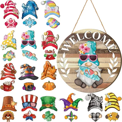 Miniatura 7 de Qunclay 31 piezas 3D de grano natural intercambiable de madera gnomo para puerta, decoraciones navideñas de gnomo con piezas magnéticas y sombreros