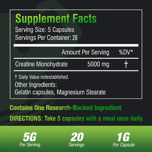 Miniatura 2 de Monohidrato de creatina, 5000 mg (5 cápsulas) por porción, cápsulas de creatina (40 porciones) para apoyar la fuerza, músculo magro, salida