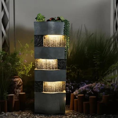 Fuente de agua de jardín de 40.5 pulgadas de alto al aire libre, 4 niveles, cascada de pie con luces LED para jardín, patio, terraza, porche y