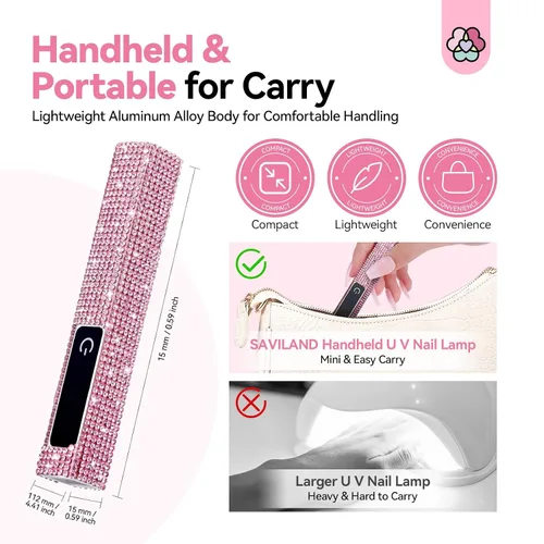 Miniatura 7 de SAVILAND Luz UV con Brillo para Uñas de Gel: Pantalla LCD Rosa de 12W, Lámpara de Uñas UV Portátil, Lámpara LED de Curado 8X Más Rápida, Luz
