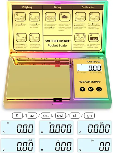 Miniatura 2 de WEIGHTMAN Báscula digital brillante de gramos, 7.05 oz x 0.01, mini báscula cromada arcoíris para alimentos y gramos, báscula de bolsillo con Multi