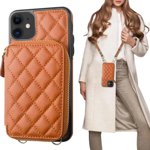 Miniatura 16 de Bocasal Funda tipo cartera cruzada para iPhone 11, con bloqueo RFID, de piel sintética, con cremallera, funda tipo cartera con función atril y Negro