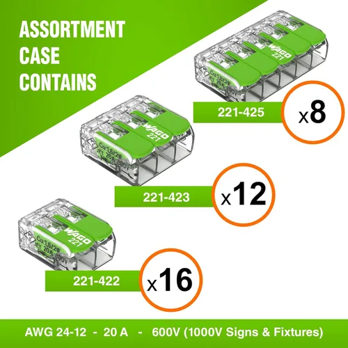 Miniatura 2 de WAGO 221 Series Green Range 36 conectores de cable de empalme compactos, incluye (16 tuercas de palanca 221-422) (12 x 221-423) (8 x 221-425)