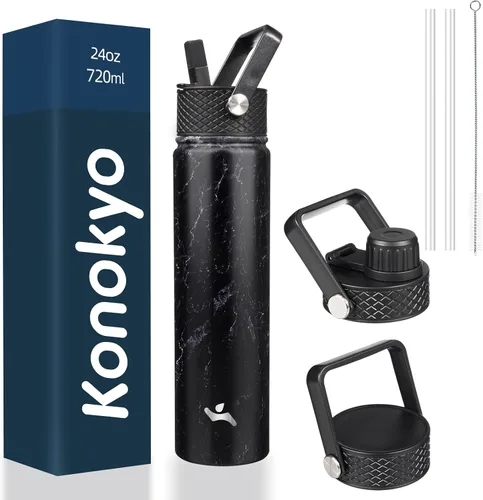 Miniatura 115 de Konokyo - Botella de agua aislada de 18 onzas, botellas deportivas de acero inoxidable con 3 tapas, verde militar