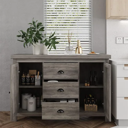 Miniatura 4 de Aparador de cocina con estructura de madera resistente, 3 cajones y 2 puertas con amplio espacio de almacenamiento en gris