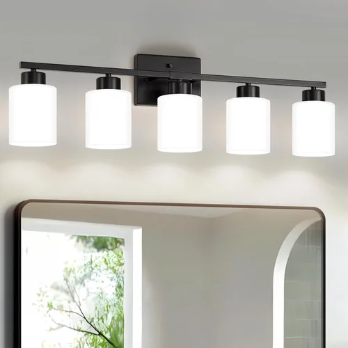 Miniatura 18 de FonmYim Lámpara de baño negra, lámpara de tocador moderna de 3 luces sobre espejo, apliques de pared con pantallas de vidrio esmerilado blanco