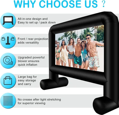 Miniatura 8 de Pantalla de cine inflable de 16 pies para exteriores, pantalla de proyector inflable compatible con proyección frontal y trasera para patio trasero