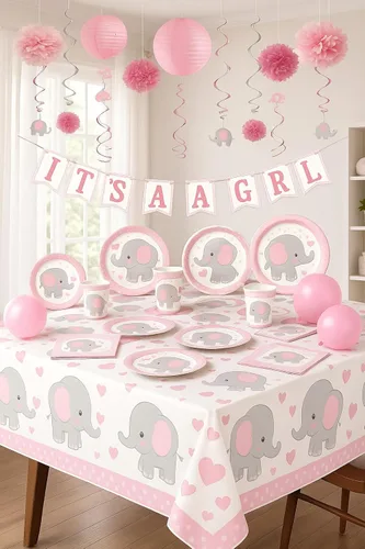 Miniatura 3 de Kit de suministros de fiesta de baby shower de elefante para 30 invitados: platos, vasos, servilletas, mantel de mesa, globos, linternas, remolinos