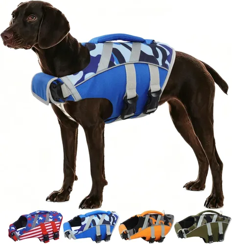 Miniatura 21 de Kuoser Chaleco salvavidas para perros con rayas reflectantes, chaleco salvavidas ajustable para mascotas con alta flotación, traje de baño
