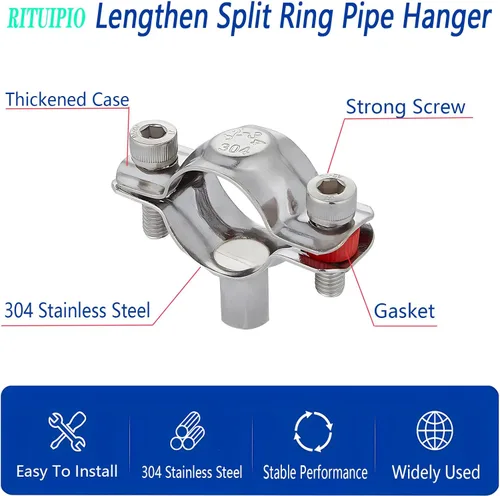Miniatura 3 de 2 piezas alargar anillo dividido suspensión de tubo 304 acero inoxidable resistente soportes de tubería para tubería OD 15-19mm (0.59-0.75in)