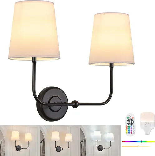 Miniatura 10 de Aplique de Pared de Doble Pared Operado por Batería, Apliques de Tela Inalámbricos Recargables de 2 Luces con Batería con Control Remoto, Luces