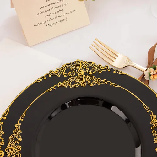 Miniatura 5 de Hioasis 350 platos negros y dorados, platos de fiesta negros para 50 invitados, incluyen 100 platos resistentes (20% más gruesos que el estándar)