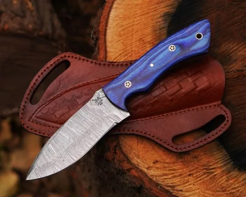 Miniatura 12 de Cuchillo de caza de acero de Damasco de hoja fija con funda de piel, cuchillo de caza de 9 pulgadas con mango entero para despellejar, mango