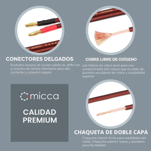 Miniatura 3 de Micca - Juego de cables de altavoz de cobre puro calibre 14, 6.6 pies cada uno (2 metros), paquete de 2 pares, conectores de clavija banana chapados