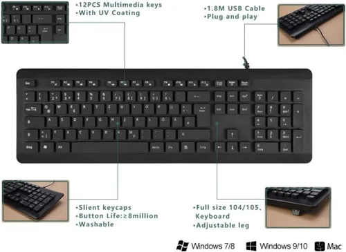 Miniatura 3 de BoxWave Teclado compatible con Chuwi HiPad Air - Teclado USB AquaProof - Teclado USB lavable impermeable resistente al agua - Negro azabache