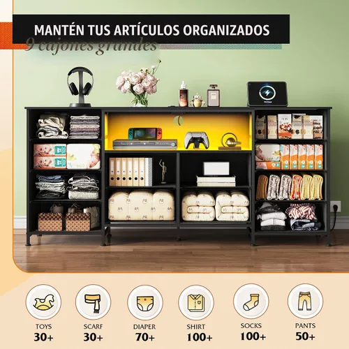 Miniatura 3 de WLIVE Cómoda de 12 cajones para dormitorio, cómoda negra para TV de 65, 70, 75 pulgadas con luz LED y estación de carga, cómoda ancha con estantes