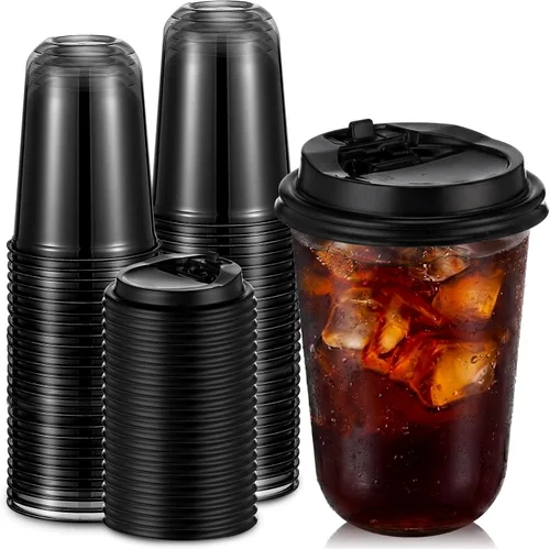 Baderke Juego de 50 vasos de plástico negros con tapas, tazas de café helado con tapas, vasos de plástico desechables para bebidas frías, tapa para