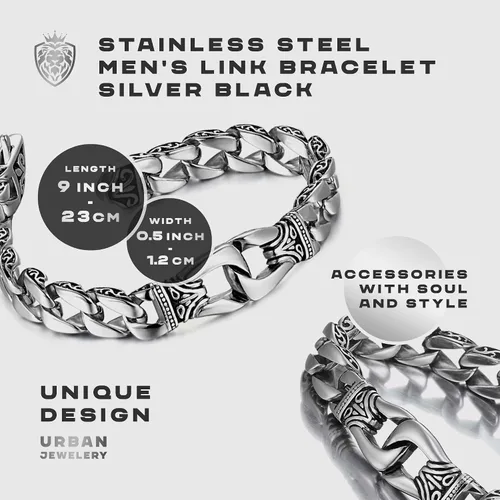 Miniatura 2 de URBAN JEWELRY Amazing Stainless Steel Men's link Bracelet Silver Black 9 Inch with Necklace Option 21 inch (With Branded Gift Box)