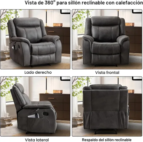 Miniatura 7 de Silla reclinable de masaje con calor, sillas reclinables de piel sintética para adultos, 39 pulgadas de ancho, silla de descanso ergonómica Gris