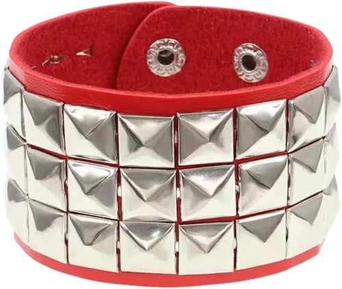 Miniatura 2 de TURTLEDOVE Punk Leather Bracelet Set - 3PCS Goth Leather Wristband with Metal Studded - Cuff Bangle for Men Women Rojo