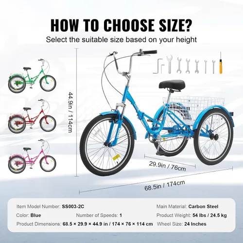 Miniatura 7 de VEVOR - Triciclo plegable para adultos, triciclos plegables para adultos, bicicleta de crucero de 3 ruedas con cesta grande y asiento ajustable