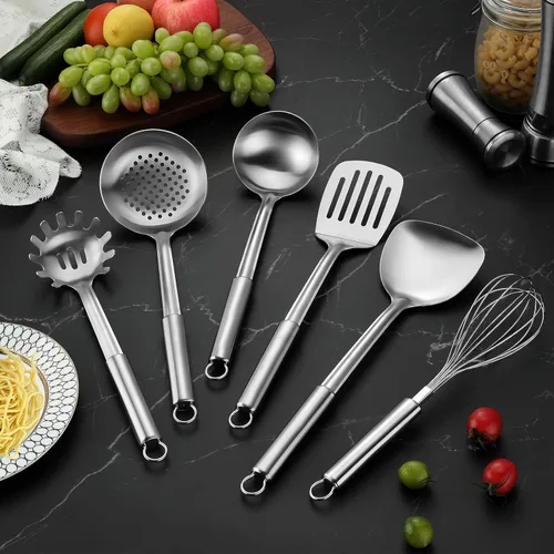 Miniatura 5 de Juego de 6 piezas de utensilios de cocina de acero inoxidable, utensilios de cocina con mango suspendido, espátula, espumadera, cucharón, cuchara