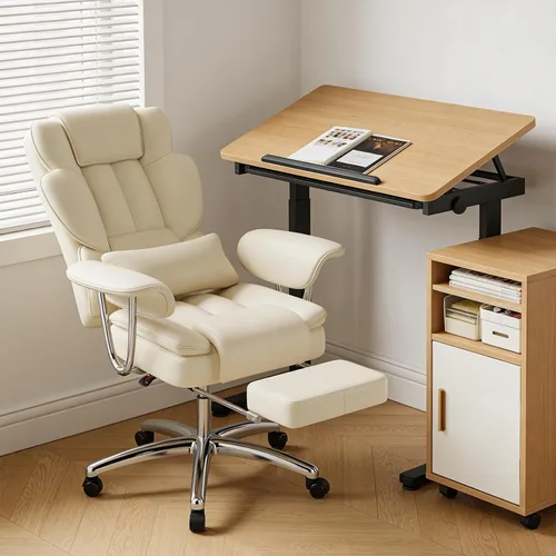 Miniatura 6 de Silla de oficina grande y alta con reposapiés, silla de oficina ergonómica reclinable, respaldo alto, silla de oficina ejecutiva para personas Beige