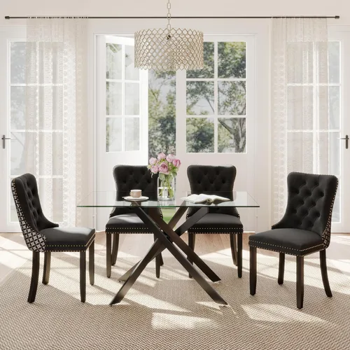 Miniatura 47 de Juego de comedor de 3 piezas con superficie de vidrio transparente, juego de comedor cuadrado minimalista moderno de 36'', juego de mesa de cocina