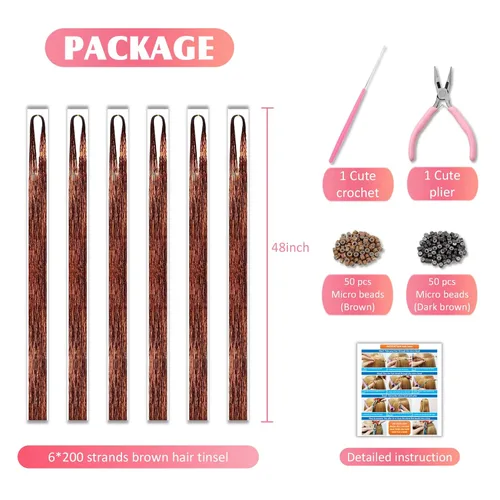 Miniatura 3 de Kit de oropel de cabello marrón con herramientas e instrucciones, fácil de usar, 1200 mechones, 48 pulgadas, extensiones de cabello con purpurina