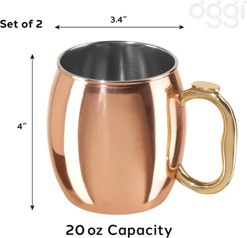 Miniatura 4 de Oggi Juego de 2 tazas de Moscow Mule de acero inoxidable chapadas en cobre de 20 onzas con mango EZ-Grip, carrito de cóctel y accesorios de bar