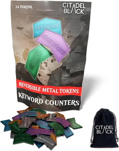 Citadel Black MTG - Contadores de palabras clave de metal, juego de 24 fichas reversibles, incluye bolsa de cordón, acabado de metal antiguo,