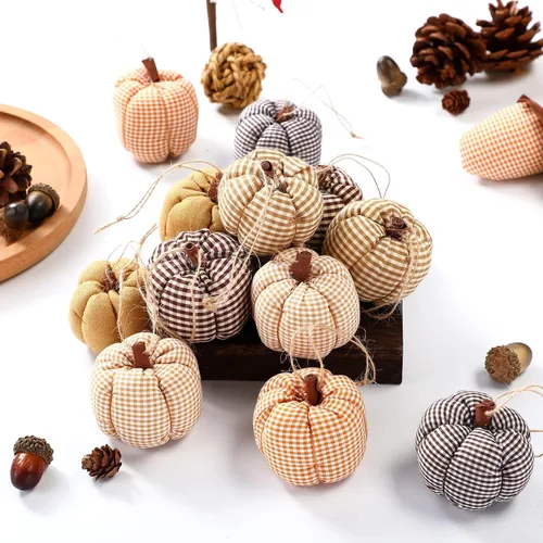 Miniatura 2 de Hiboom 12 adornos de calabaza de fieltro de otoño para decoración 3D de Acción de Gracias, 6 estilos, tela a cuadros, bellota, adorno colgante