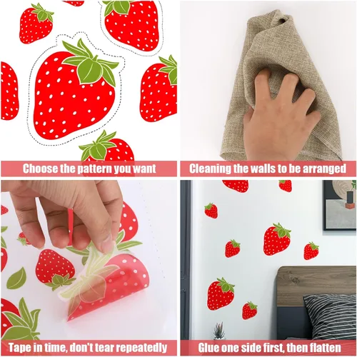 Miniatura 5 de 4 hojas/92 calcomanías de pared de fresa, calcomanías de pared de frutas extraíbles para dormitorio de niñas, dormitorio, comedor, cocina, baño