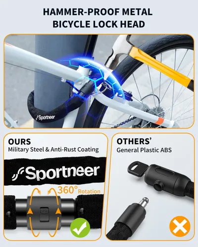 Miniatura 3 de Sportneer Candado para bicicleta: Candado de cadena de bicicleta de alta seguridad de 8mm de grosor con 2 llaves - 0.97/1.2 metros de largo, candado