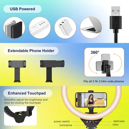 Miniatura 6 de Aureday - Anillo de luz para selfie de 14 pulgadas con soporte para trípode de 62 pulgadas y soporte para teléfono, anillo de luz LED regulable